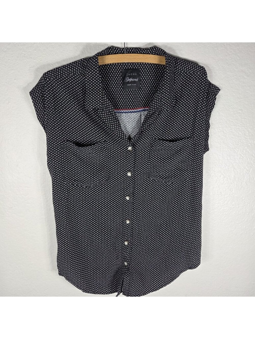 JACHS Girlfriend Black White Cap Sleeve Button Up Shirt Size S Collared Rayon - Picture 1 of 13